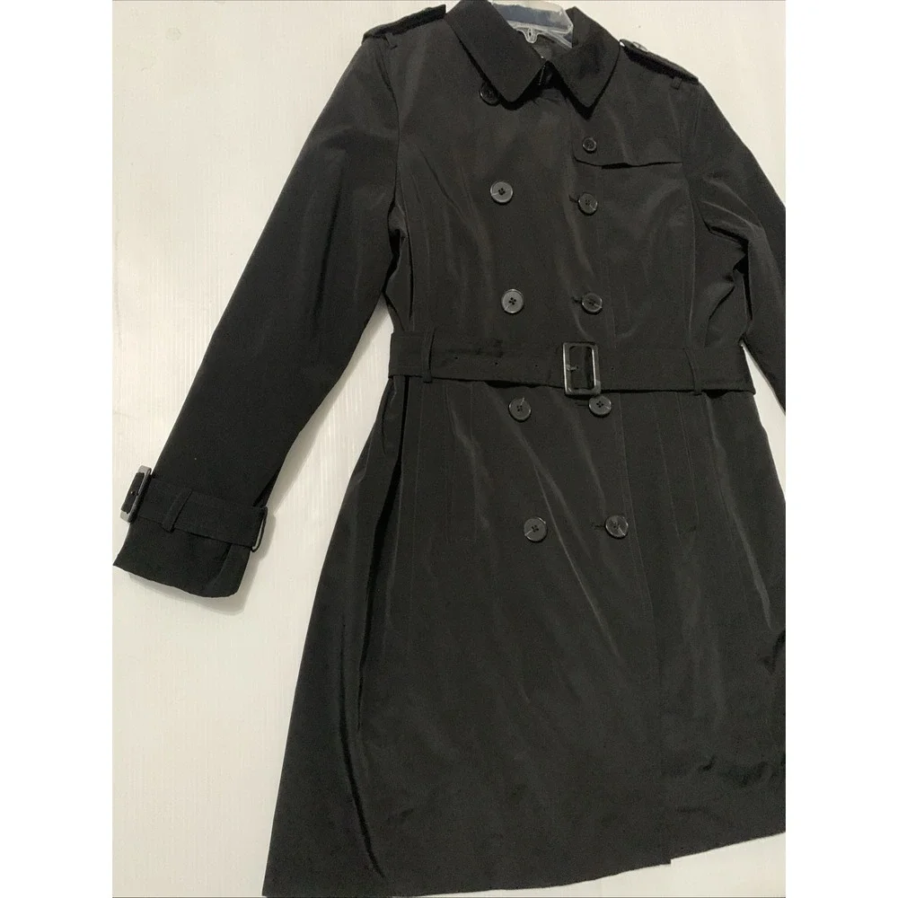 London Fog Women's Trench Coat Black Double Breasted Size Large Plaid Lining